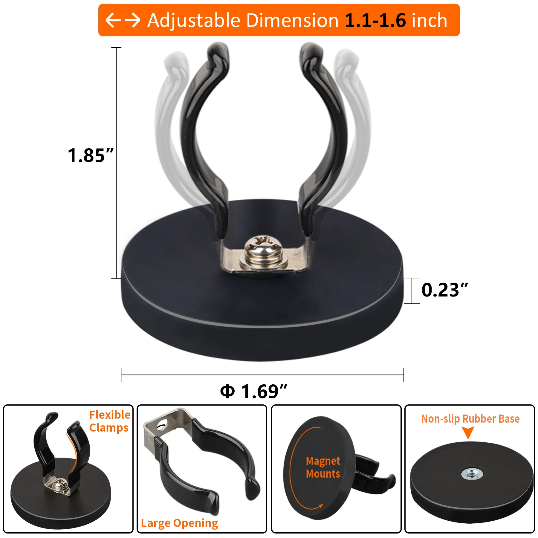 2Pack Non-Slip Magnetic Mount Heavy Duty Hooks for Flashlight Holder,Large Opening Strong Magnets Flexible Clamps for Garage Gar