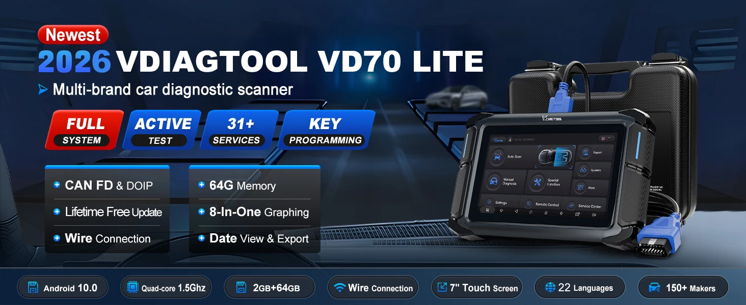 Lifetime Free Update VDIAGTOOL VD70Lite Automotive Scanner AII Systems Car Diagnostic 31 Reset FCA Bidirectional OBD2 Scanner