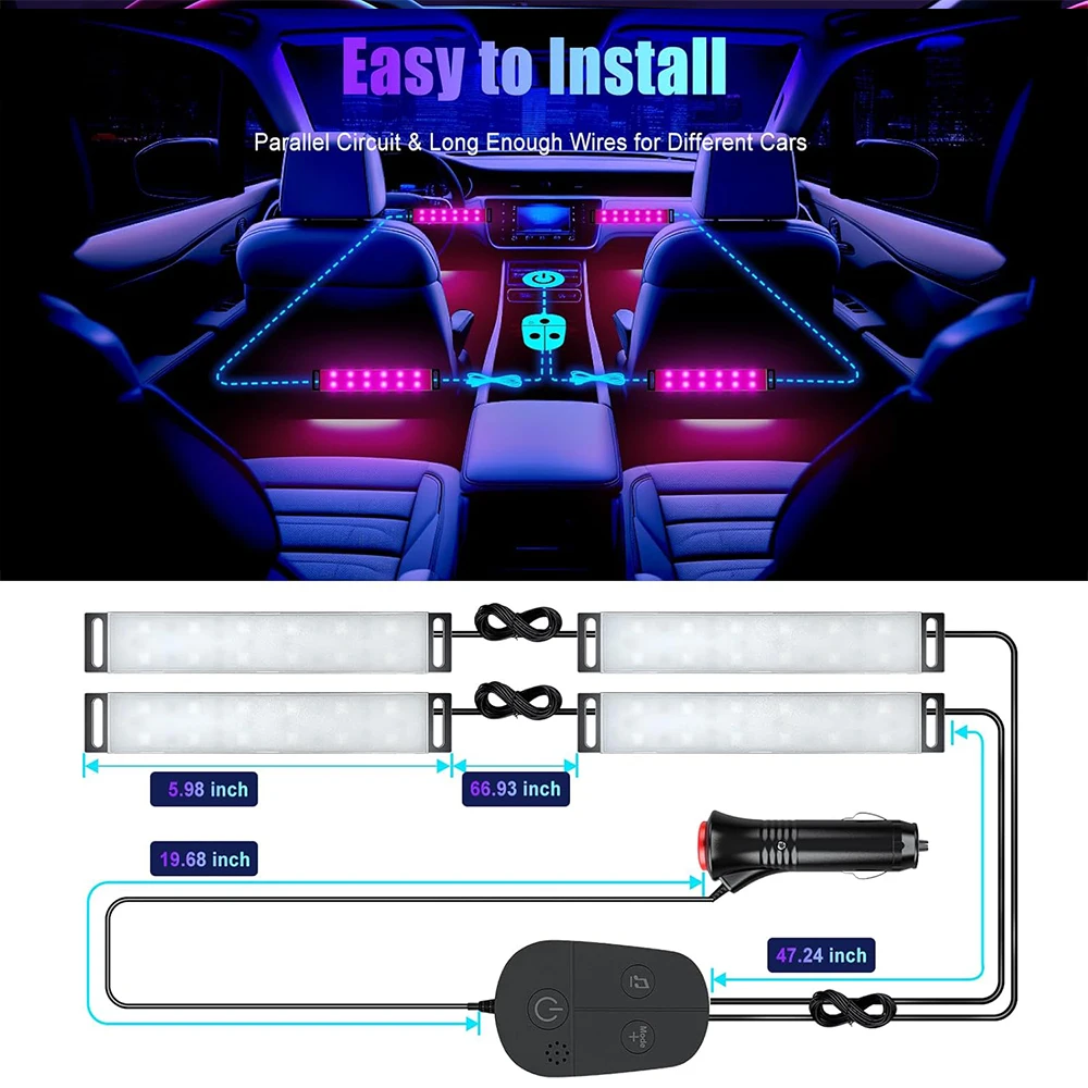 Led Interior Rock Car Lights RGB LED Car lamp Strip Sync to Music Waterproof 4pcs 48 with Bluetooth App Control Auto Decoration