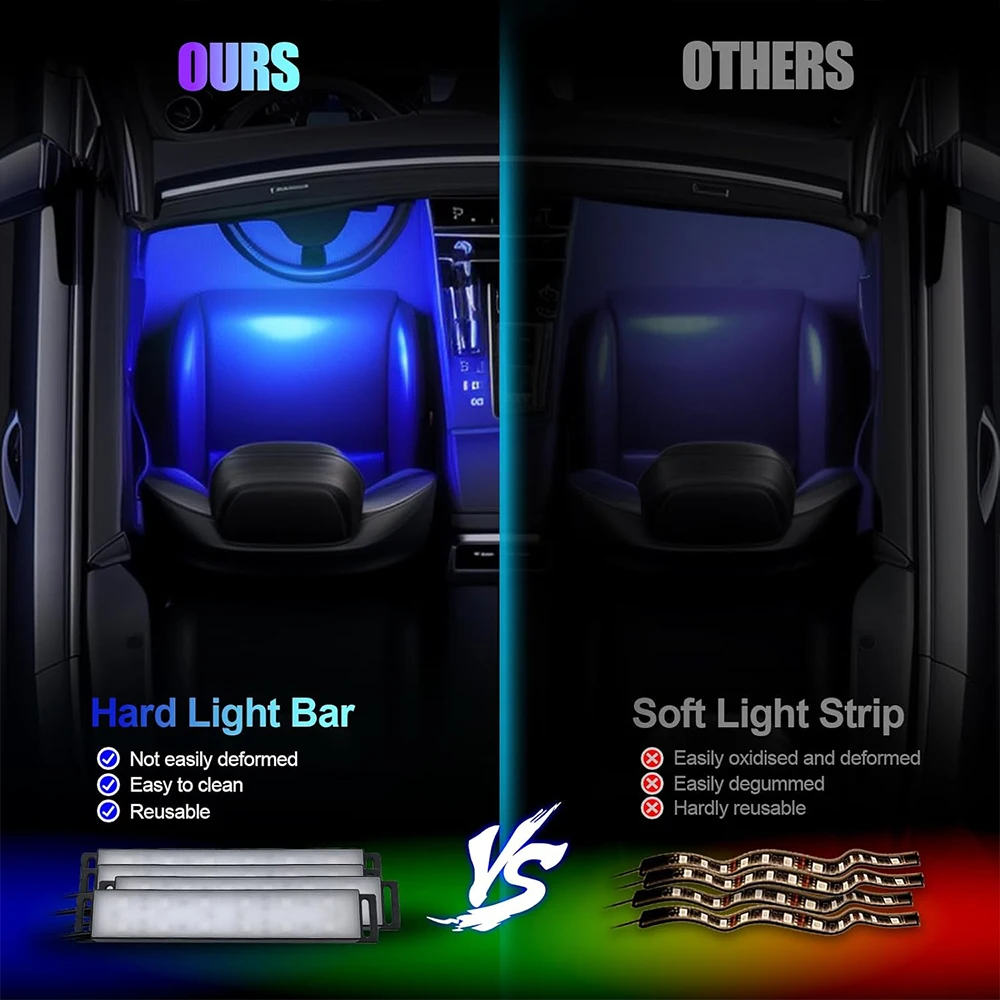 Led Interior Rock Car Lights RGB LED Car lamp Strip Sync to Music Waterproof 4pcs 48 with Bluetooth App Control Auto Decoration