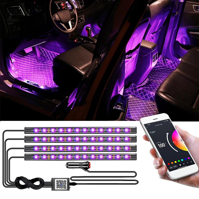 Led Interior Rock Car Lights RGB LED Car lamp Strip Sync to Music Waterproof 4pcs 48 with Bluetooth App Control Auto Decoration
