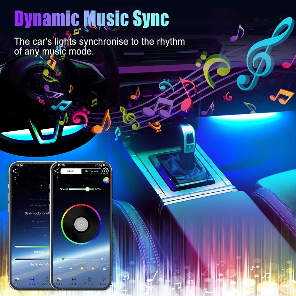 Led Interior Rock Car Lights RGB LED Car lamp Strip Sync to Music Waterproof 4pcs 48 with Bluetooth App Control Auto Decoration