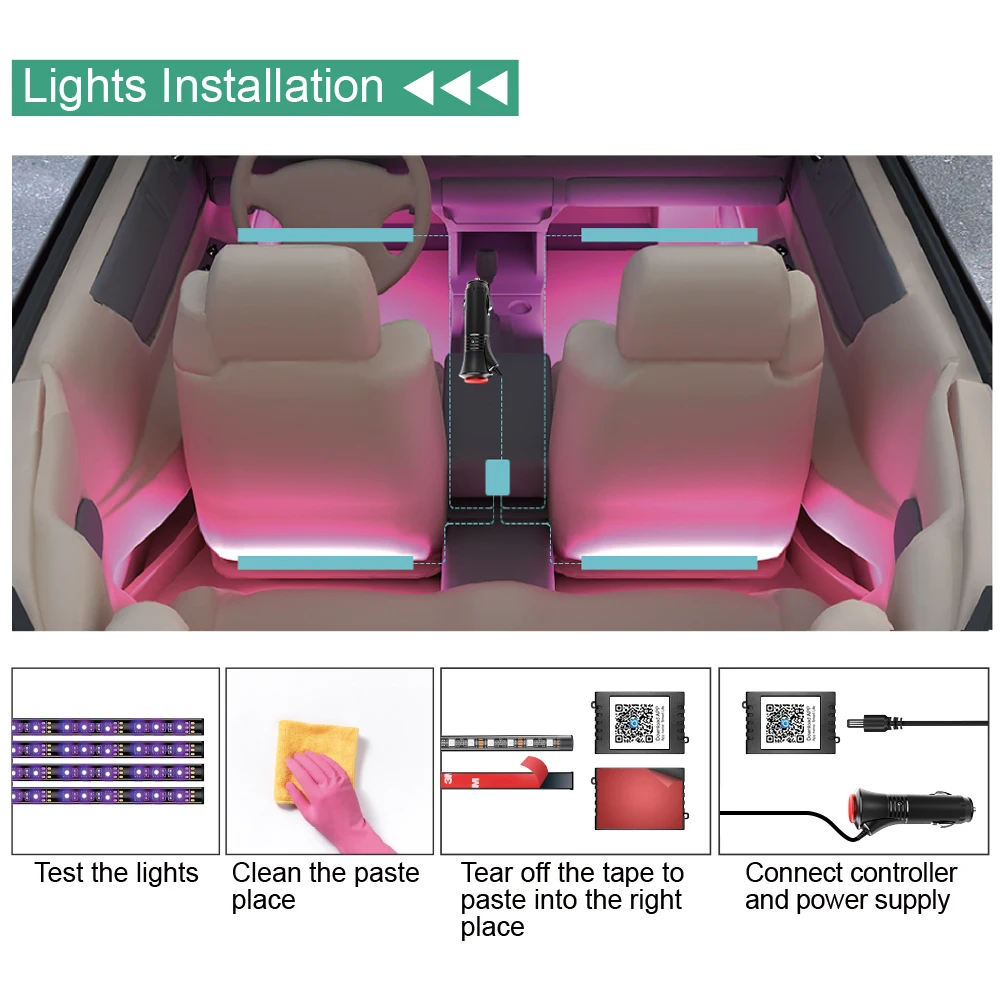 Led Interior Rock Car Lights RGB LED Car lamp Strip Sync to Music Waterproof 4pcs 48 with Bluetooth App Control Auto Decoration