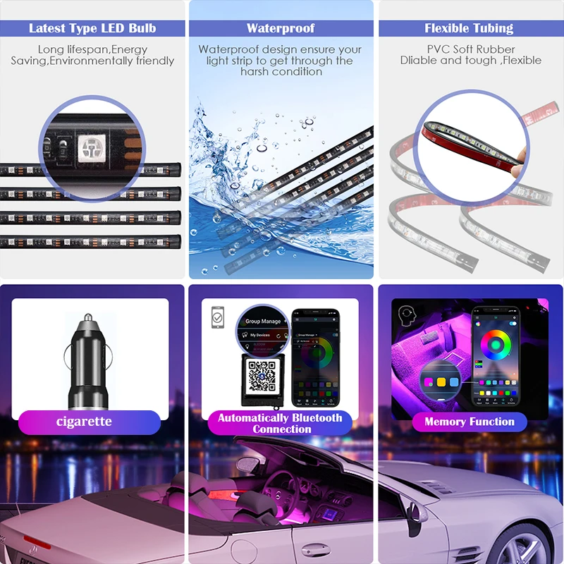 Led Interior Rock Car Lights RGB LED Car lamp Strip Sync to Music Waterproof 4pcs 48 with Bluetooth App Control Auto Decoration