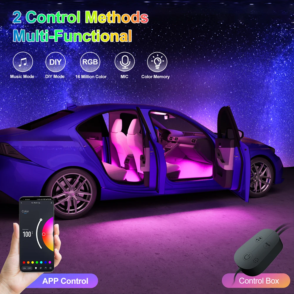 Led Interior Rock Car Lights RGB LED Car lamp Strip Sync to Music Waterproof 4pcs 48 with Bluetooth App Control Auto Decoration