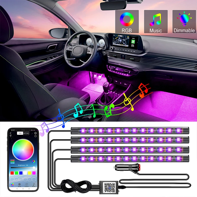 Led Interior Rock Car Lights RGB LED Car lamp Strip Sync to Music Waterproof 4pcs 48 with Bluetooth App Control Auto Decoration