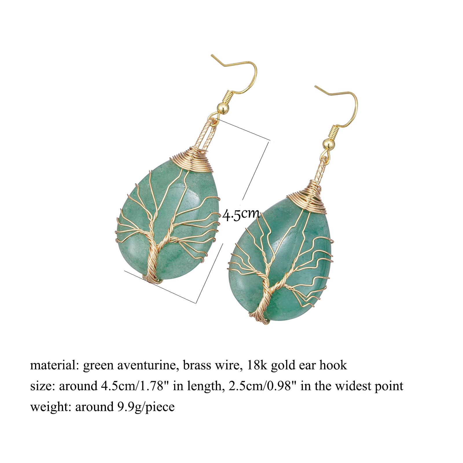 Handmade Teardrop Green Aventurine Crystal Dangle Earrings for Women, Wire Craft Tree of Life Earrings