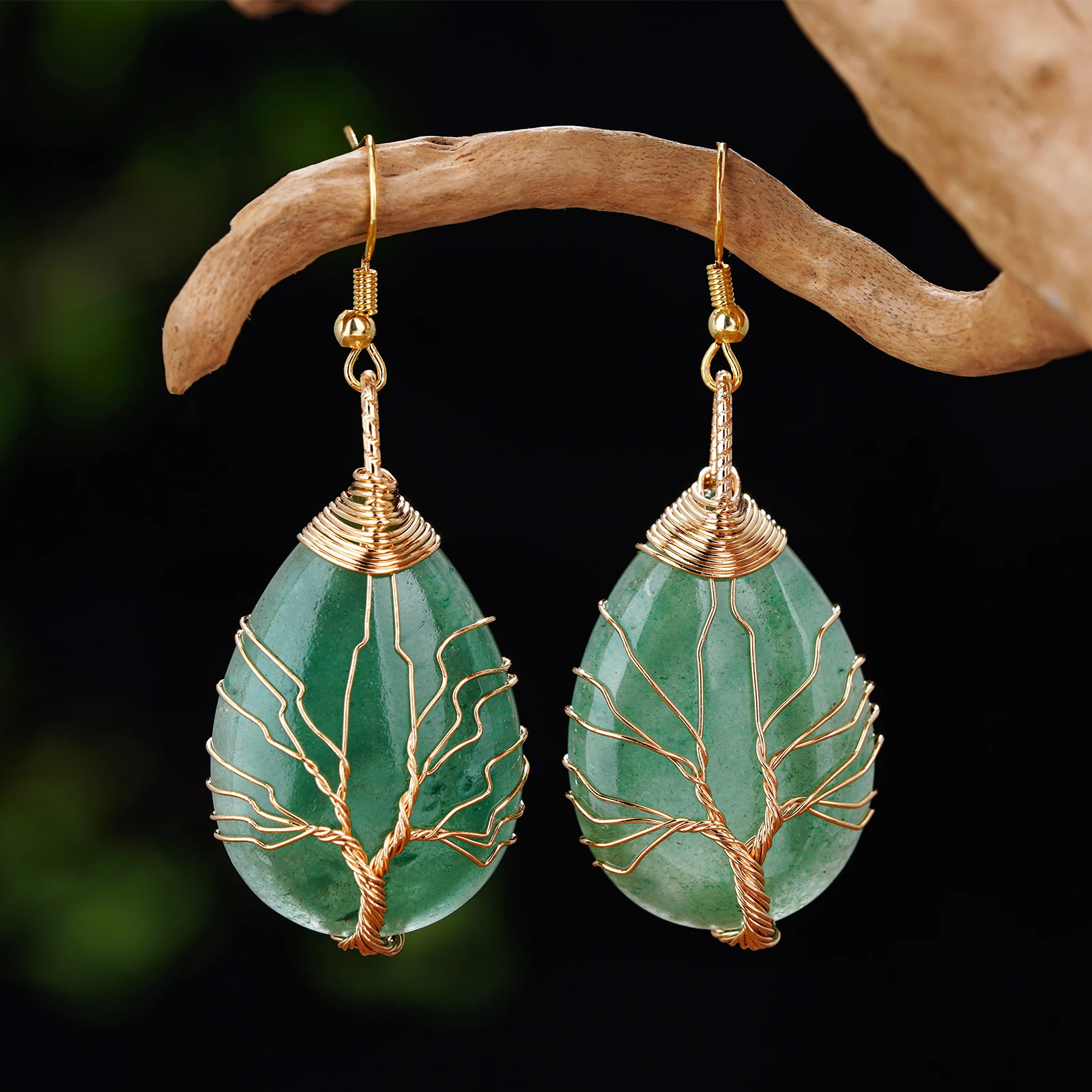 Handmade Teardrop Green Aventurine Crystal Dangle Earrings for Women, Wire Craft Tree of Life Earrings