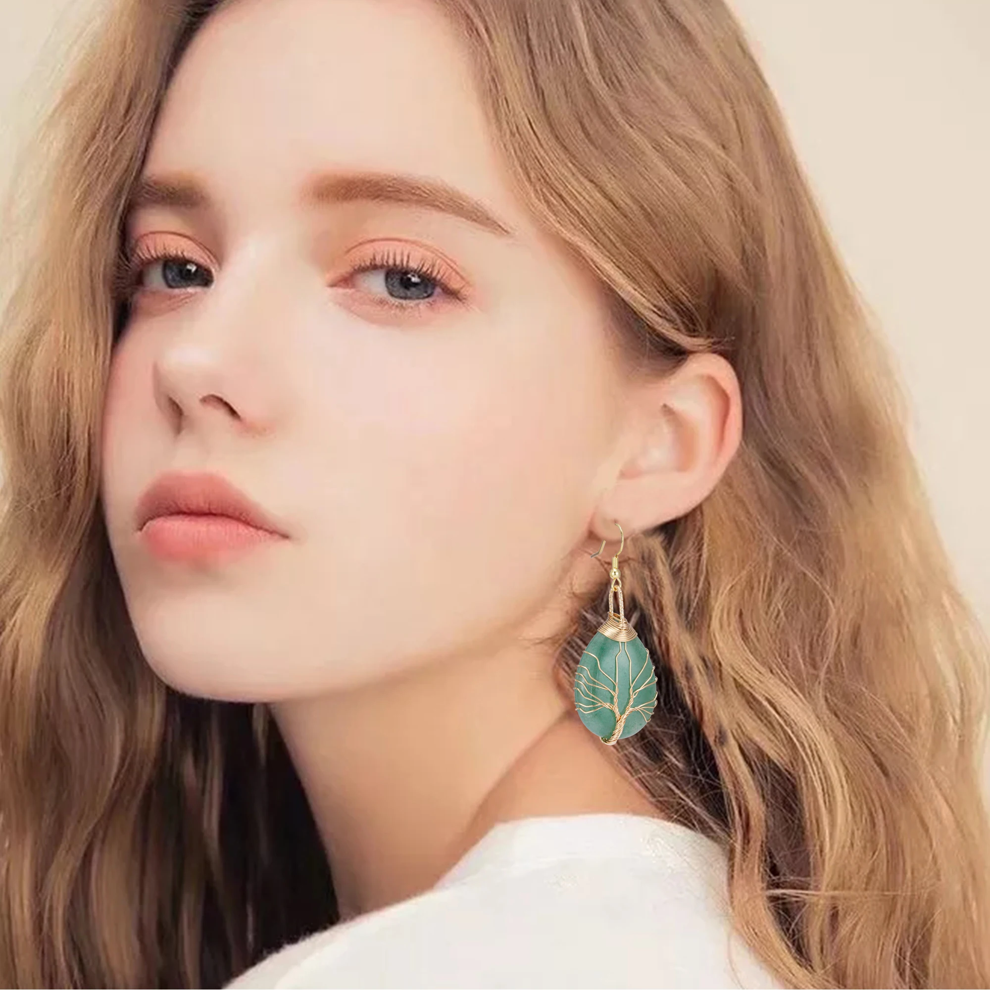 Handmade Teardrop Green Aventurine Crystal Dangle Earrings for Women, Wire Craft Tree of Life Earrings