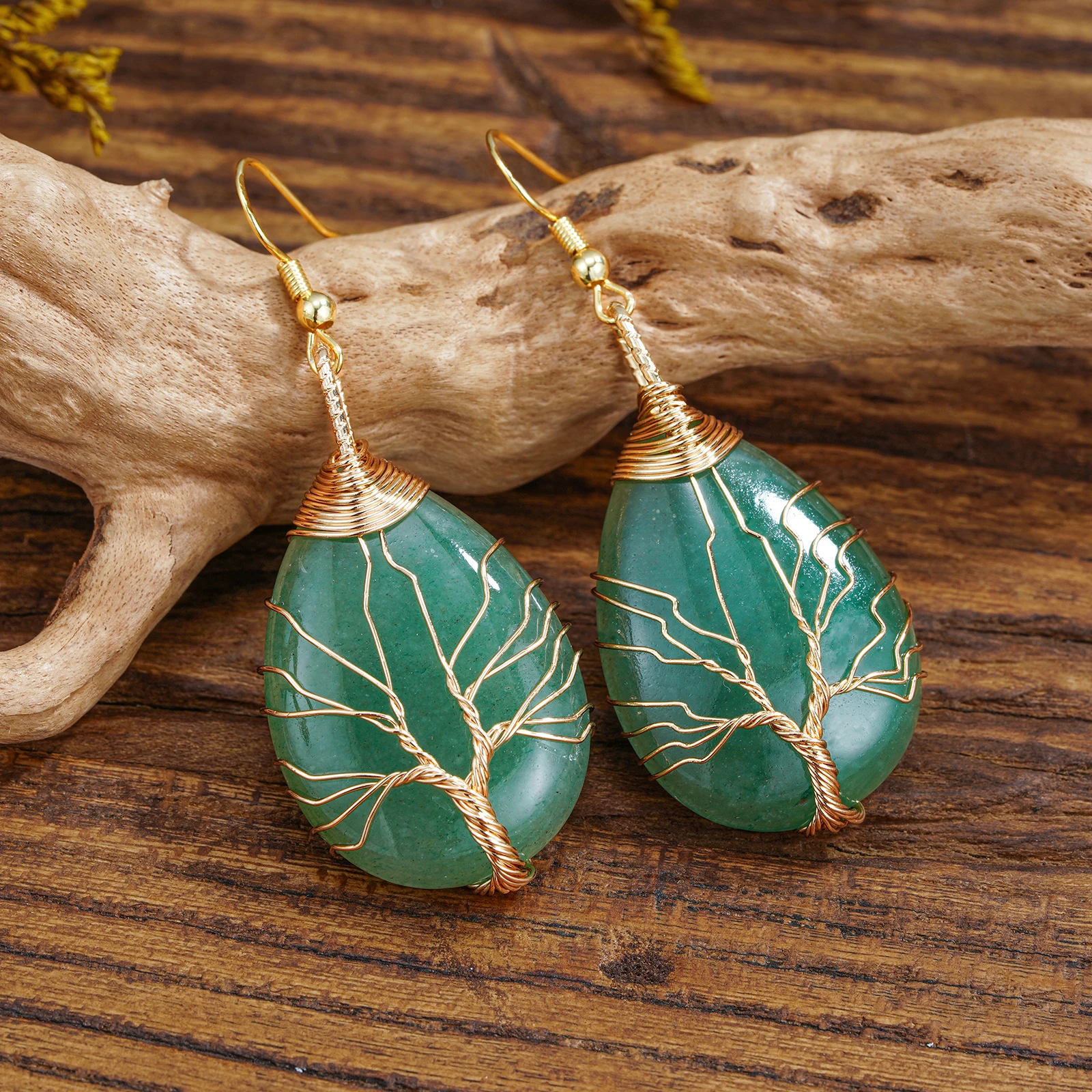 Handmade Teardrop Green Aventurine Crystal Dangle Earrings for Women, Wire Craft Tree of Life Earrings
