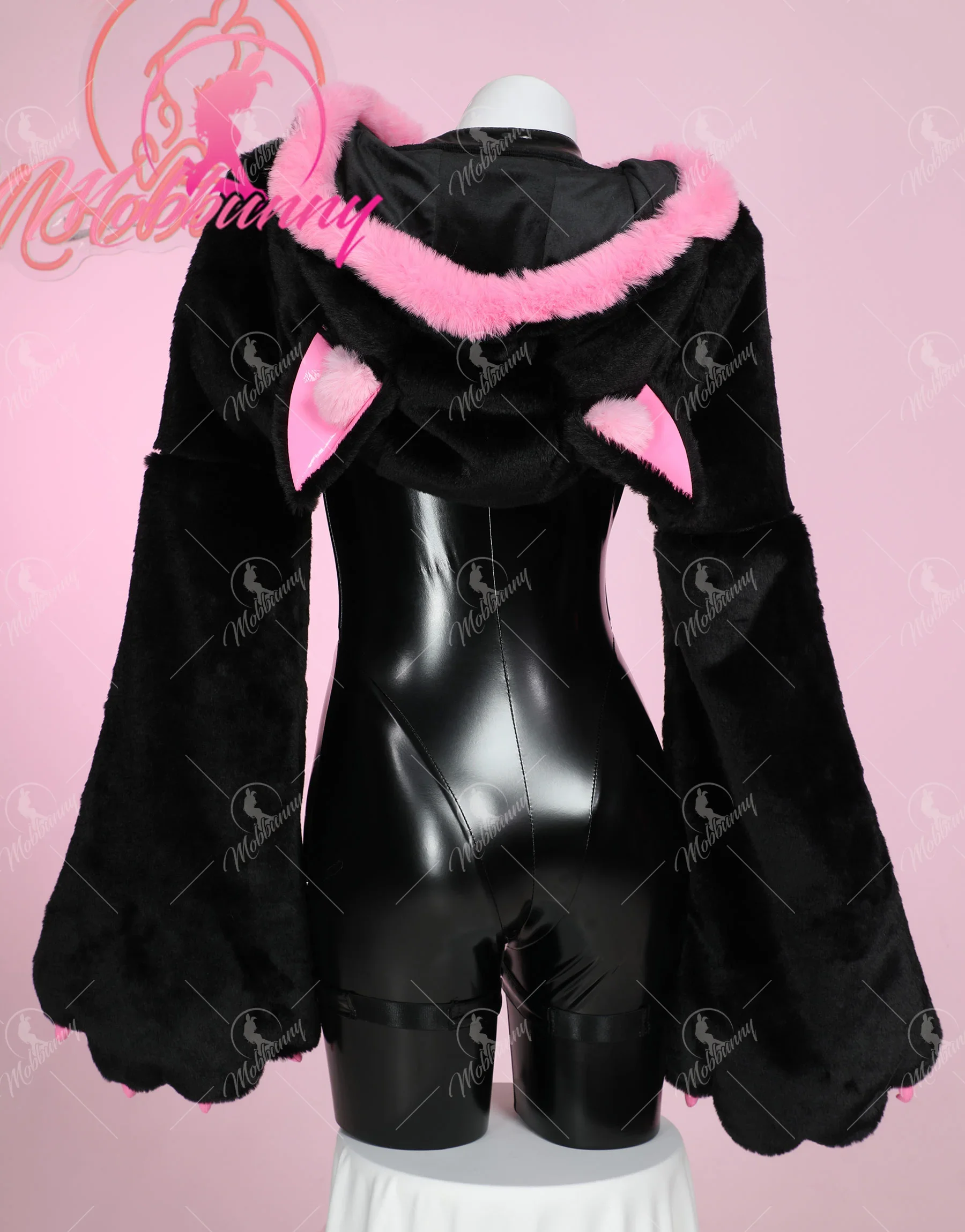 Mobbunny Women's Sexy Leather Jumpsuit V-neck Tight Bodysuit and Hooded Sweatshirt with Furry Paw Gloves and Chest Plate