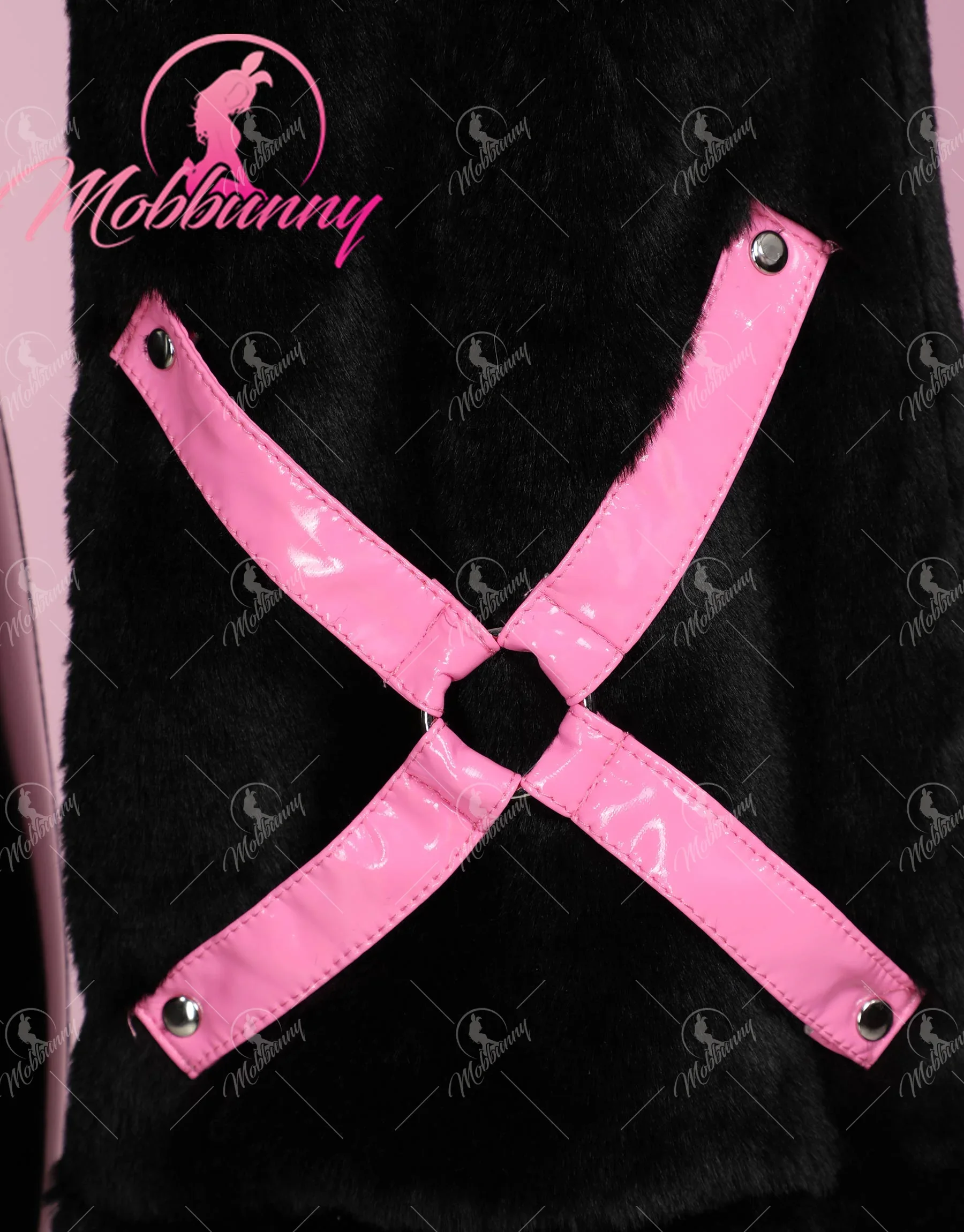 Mobbunny Women's Sexy Leather Jumpsuit V-neck Tight Bodysuit and Hooded Sweatshirt with Furry Paw Gloves and Chest Plate