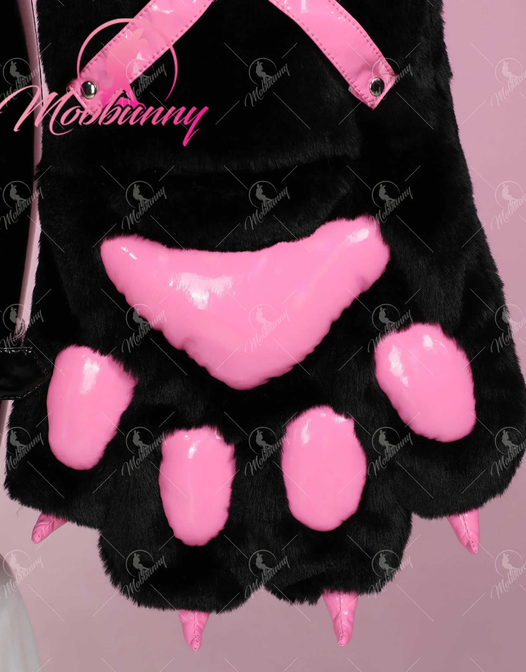 Mobbunny Women's Sexy Leather Jumpsuit V-neck Tight Bodysuit and Hooded Sweatshirt with Furry Paw Gloves and Chest Plate