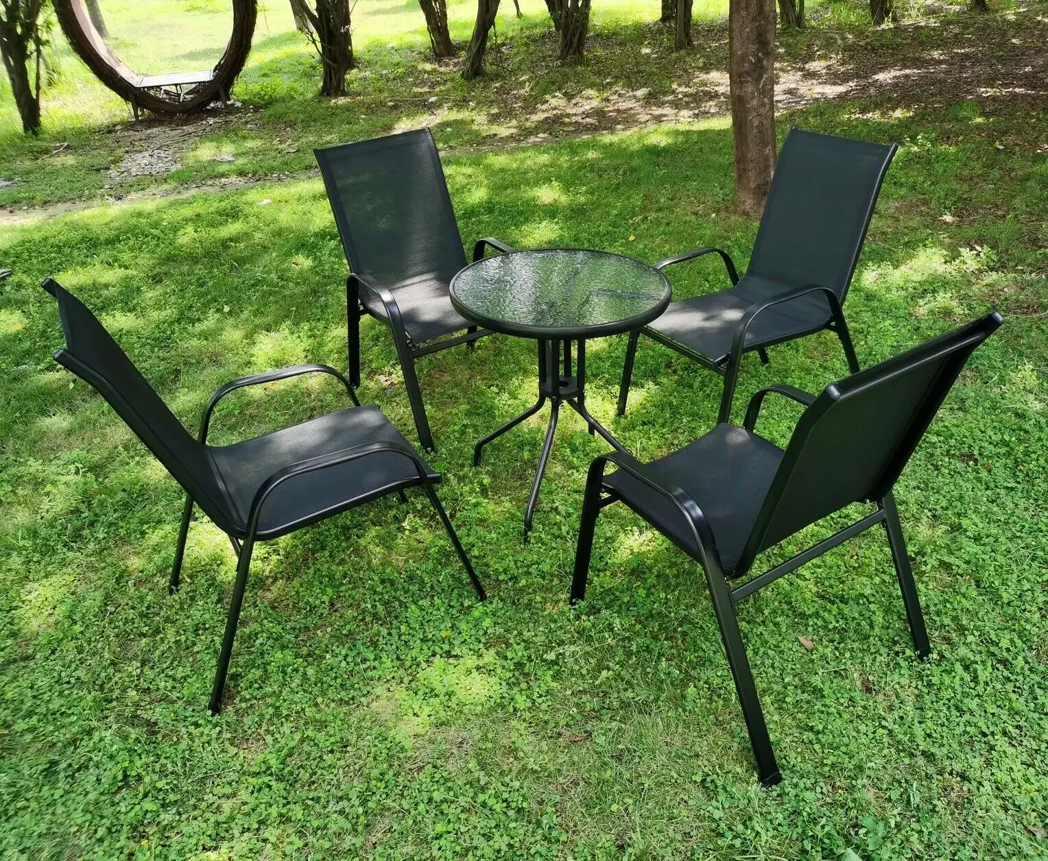 4PCS Garden Chairs Steel-iron+Teslin Fabric Folding High Back Balcony Chair Camping Chair Outdoor Seating Group Black