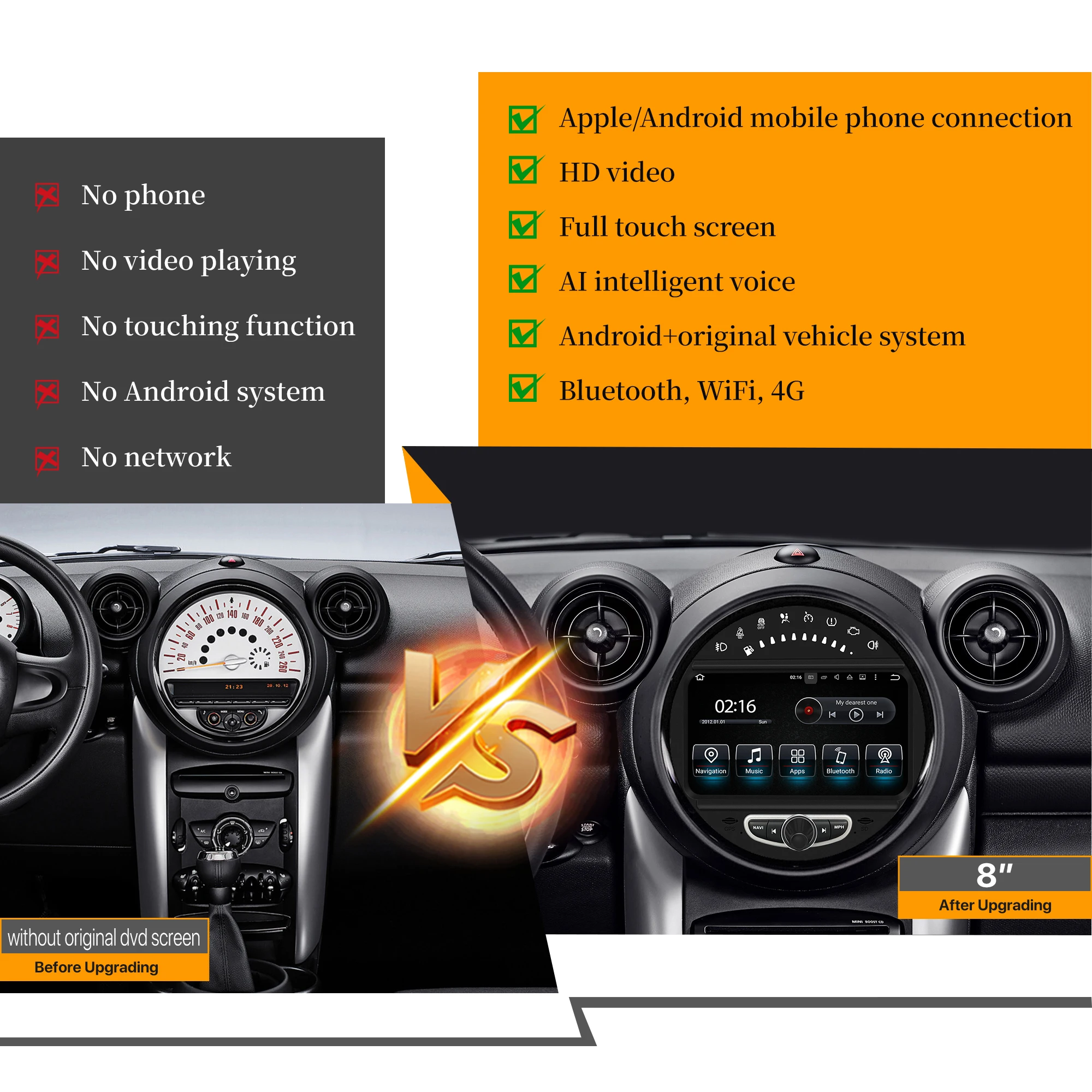 Android Auto Radio Head Unit for BMW Mini Roadster Countryman Paceman Upgrade Android 13 Apple CarPlay Car Stereo GPS Navi DVD