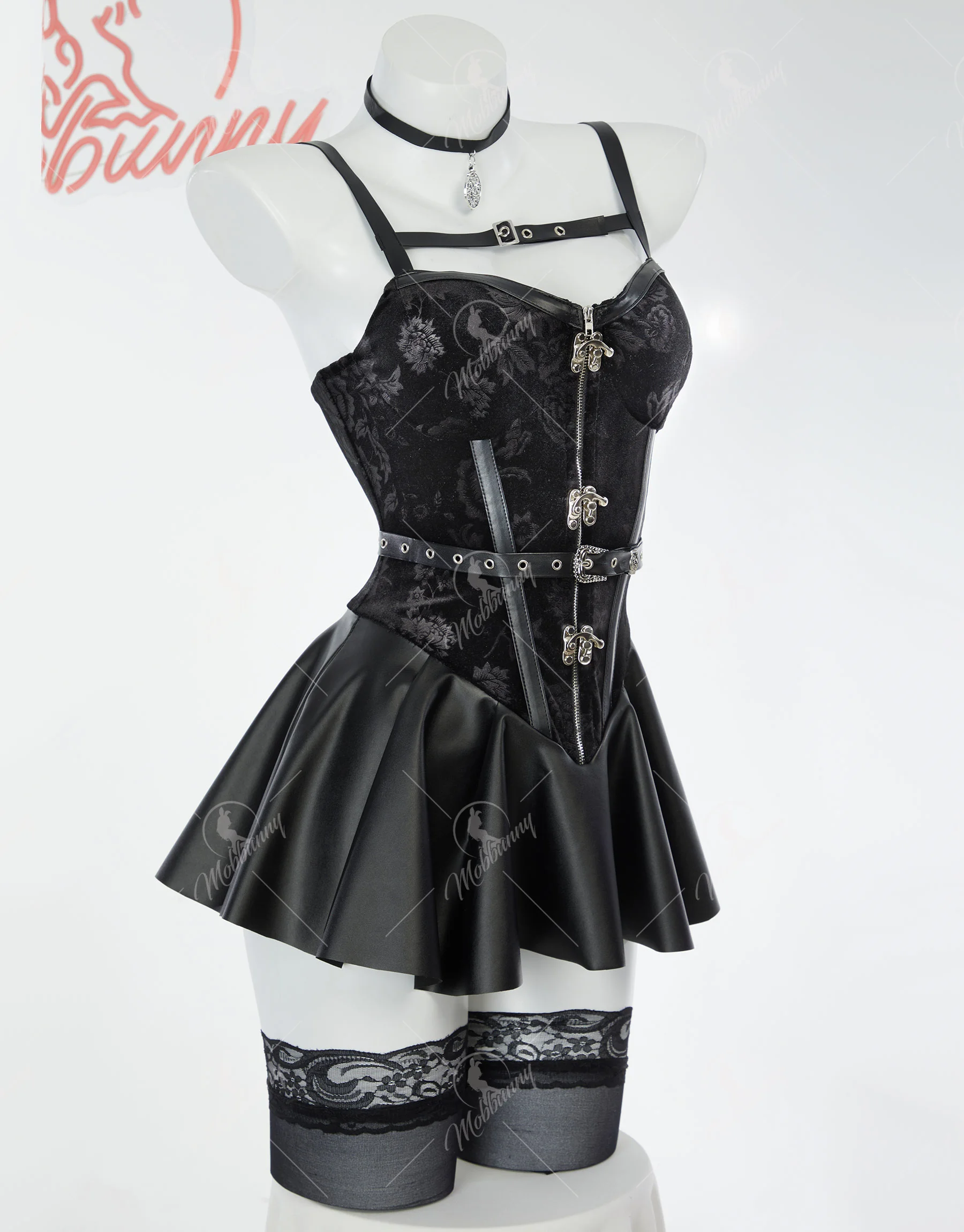 Mobbunny Women's Anime Lingerie Set Black Dress and Short Jacket with Gloves and Belt Cosplay Costume