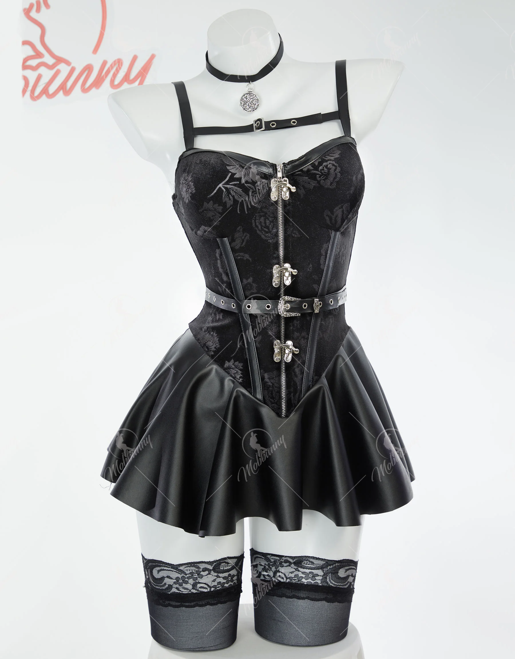 Mobbunny Women's Anime Lingerie Set Black Dress and Short Jacket with Gloves and Belt Cosplay Costume