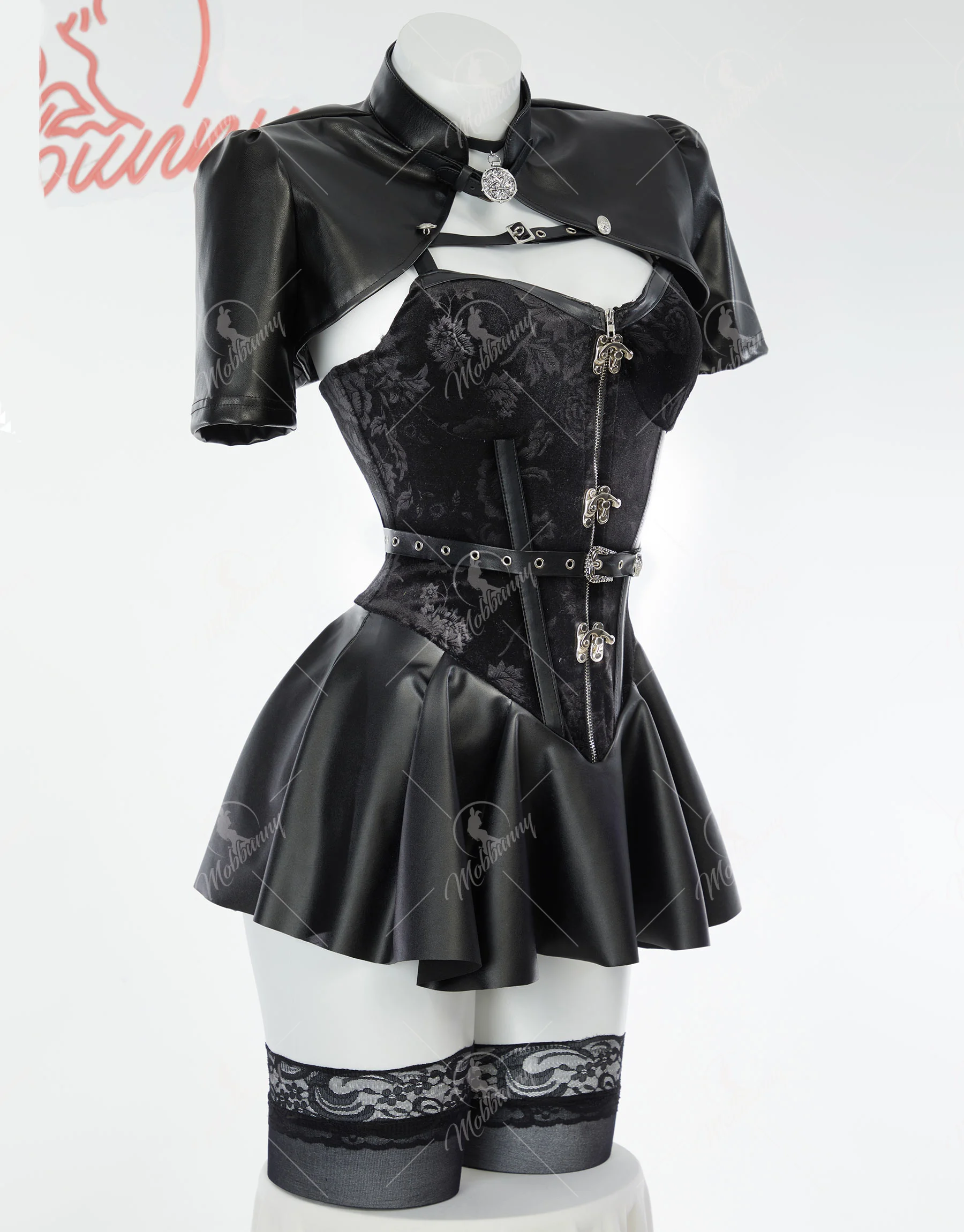 Mobbunny Women's Anime Lingerie Set Black Dress and Short Jacket with Gloves and Belt Cosplay Costume