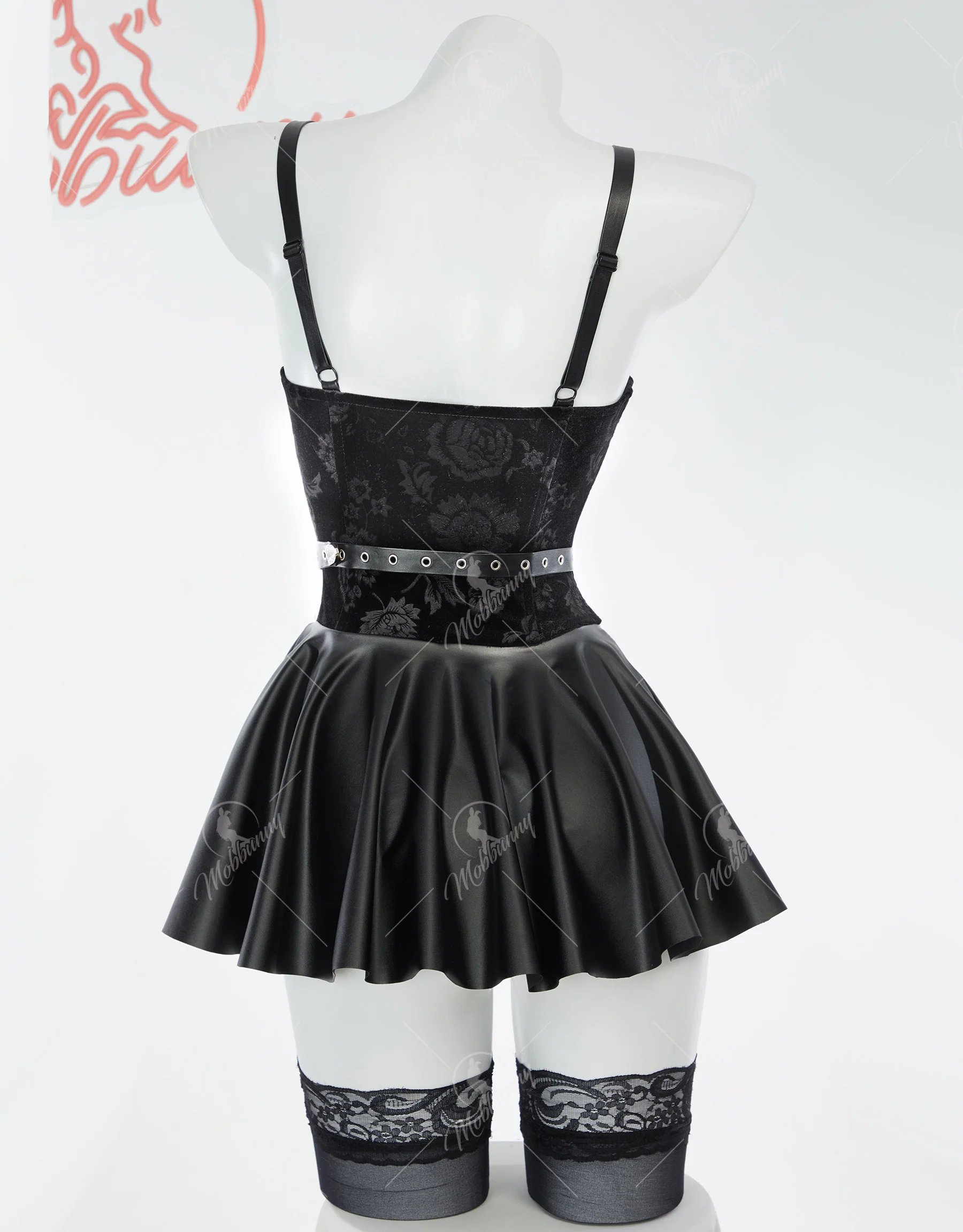 Mobbunny Women's Anime Lingerie Set Black Dress and Short Jacket with Gloves and Belt Cosplay Costume