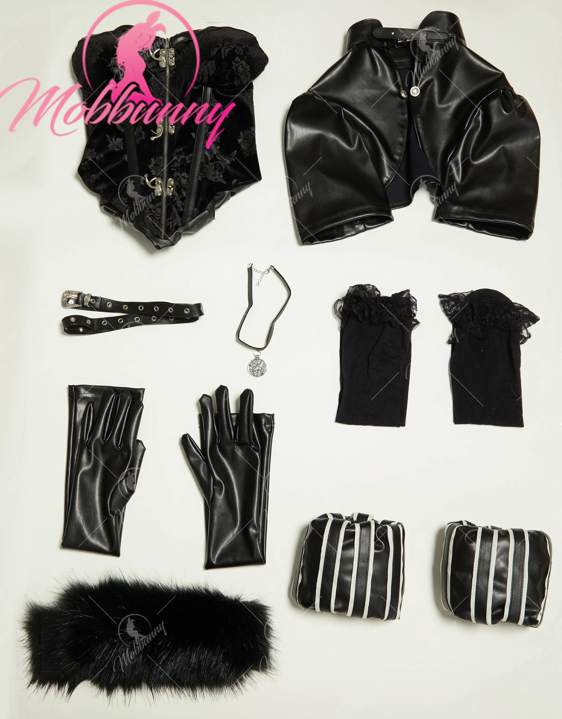 Mobbunny Women's Anime Lingerie Set Black Dress and Short Jacket with Gloves and Belt Cosplay Costume