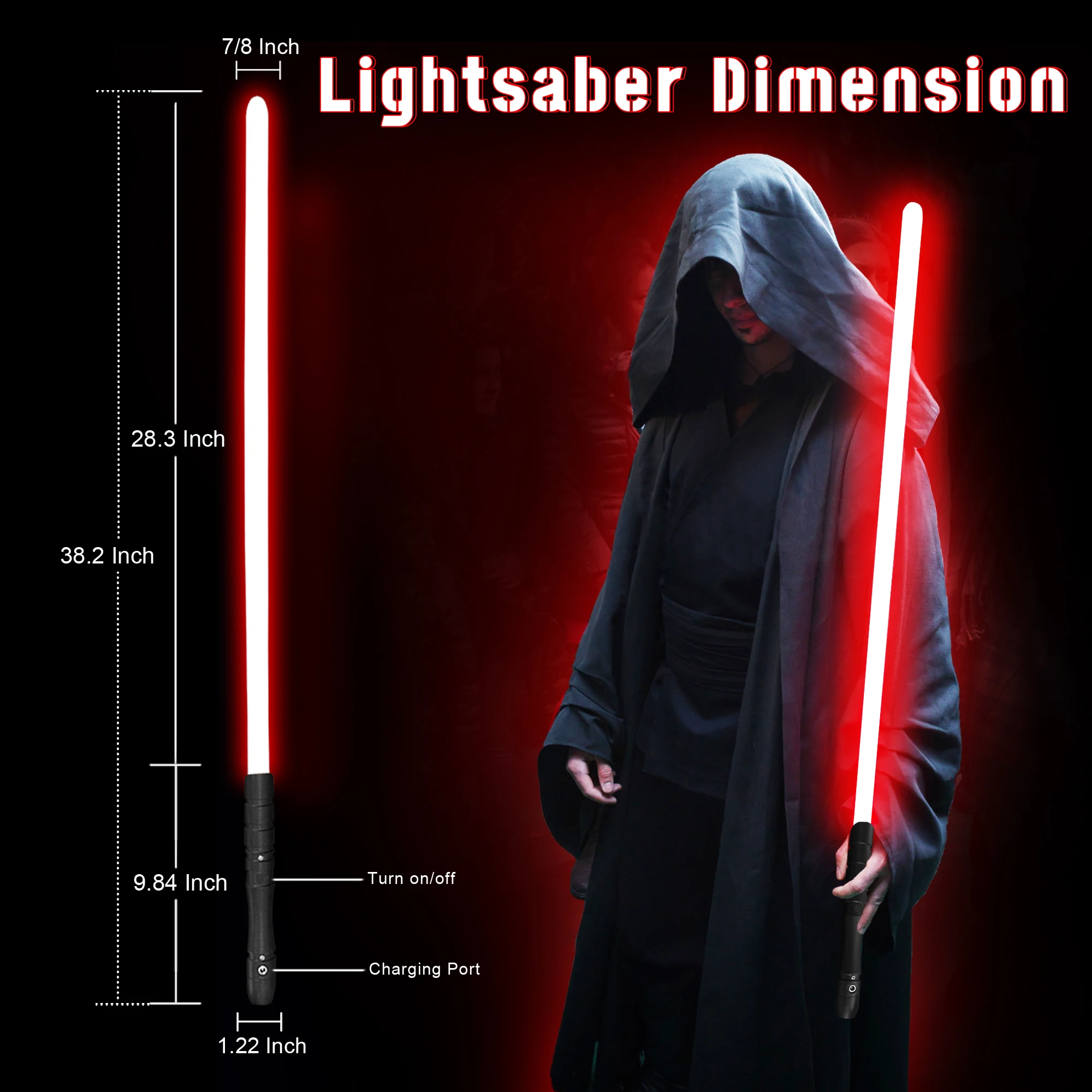 PHS 38.2inch Lightsaber Black Metal Hilt Series,Jedi Sith Light Saber,4 Modes Loud Sound,Smooth Swing,Blaster (38.2inch)