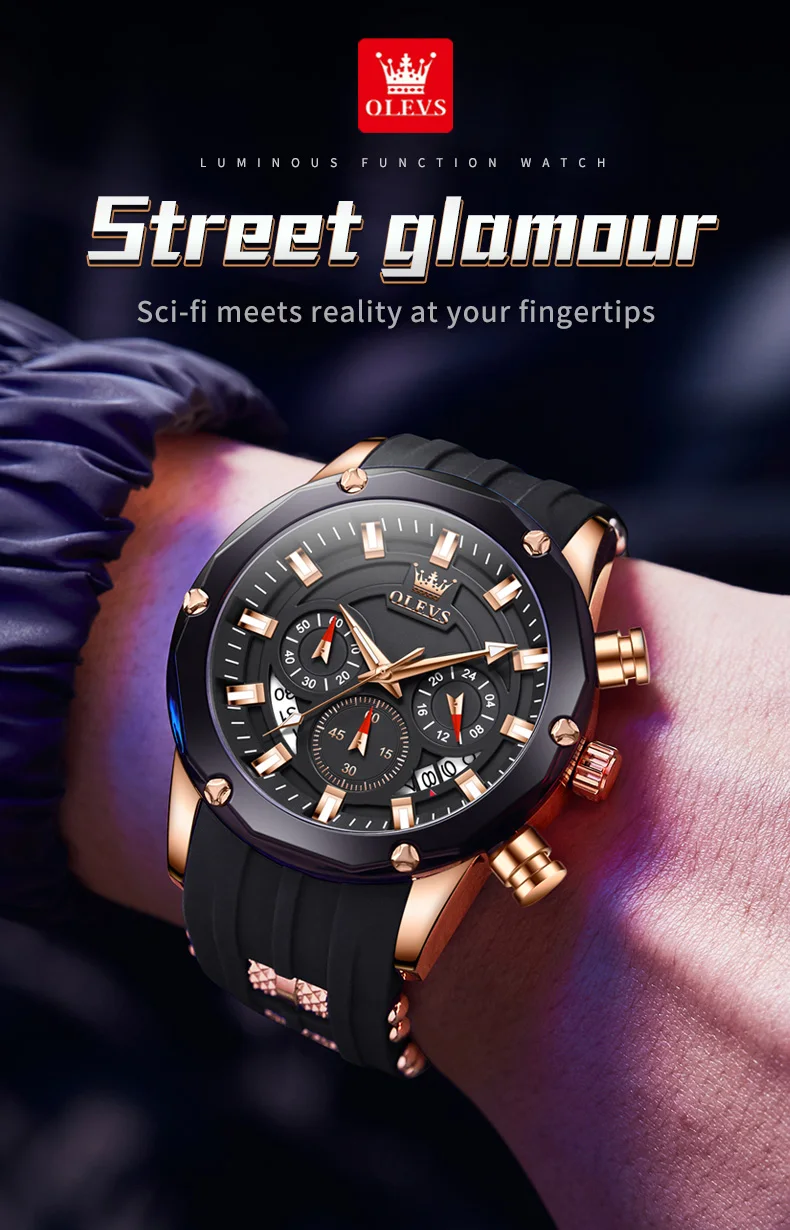 OLEVS 9991 Top Trendy Men's Watch Waterproof Silicone Strap Luxury Multifunctional Chronograph Brand Sports Quartz Men's Watch