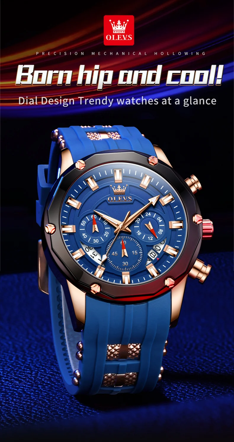 OLEVS 9991 Top Trendy Men's Watch Waterproof Silicone Strap Luxury Multifunctional Chronograph Brand Sports Quartz Men's Watch