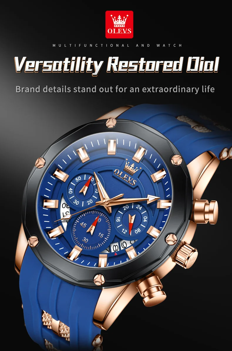 OLEVS 9991 Top Trendy Men's Watch Waterproof Silicone Strap Luxury Multifunctional Chronograph Brand Sports Quartz Men's Watch