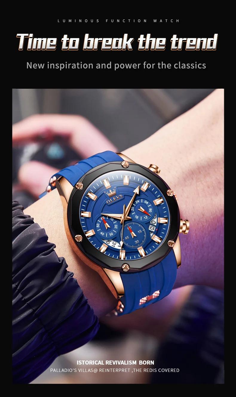 OLEVS 9991 Top Trendy Men's Watch Waterproof Silicone Strap Luxury Multifunctional Chronograph Brand Sports Quartz Men's Watch