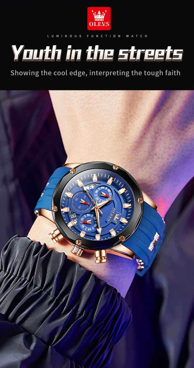 OLEVS 9991 Top Trendy Men's Watch Waterproof Silicone Strap Luxury Multifunctional Chronograph Brand Sports Quartz Men's Watch