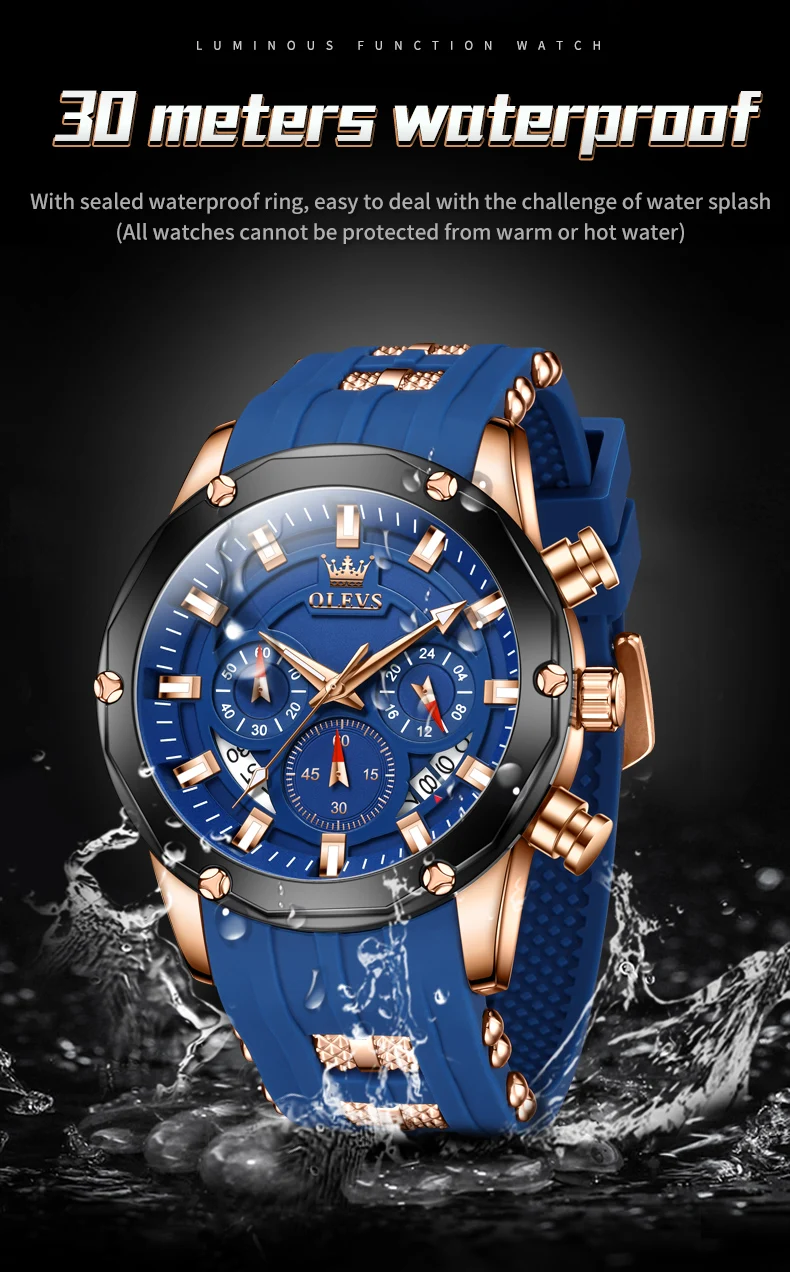 OLEVS 9991 Top Trendy Men's Watch Waterproof Silicone Strap Luxury Multifunctional Chronograph Brand Sports Quartz Men's Watch