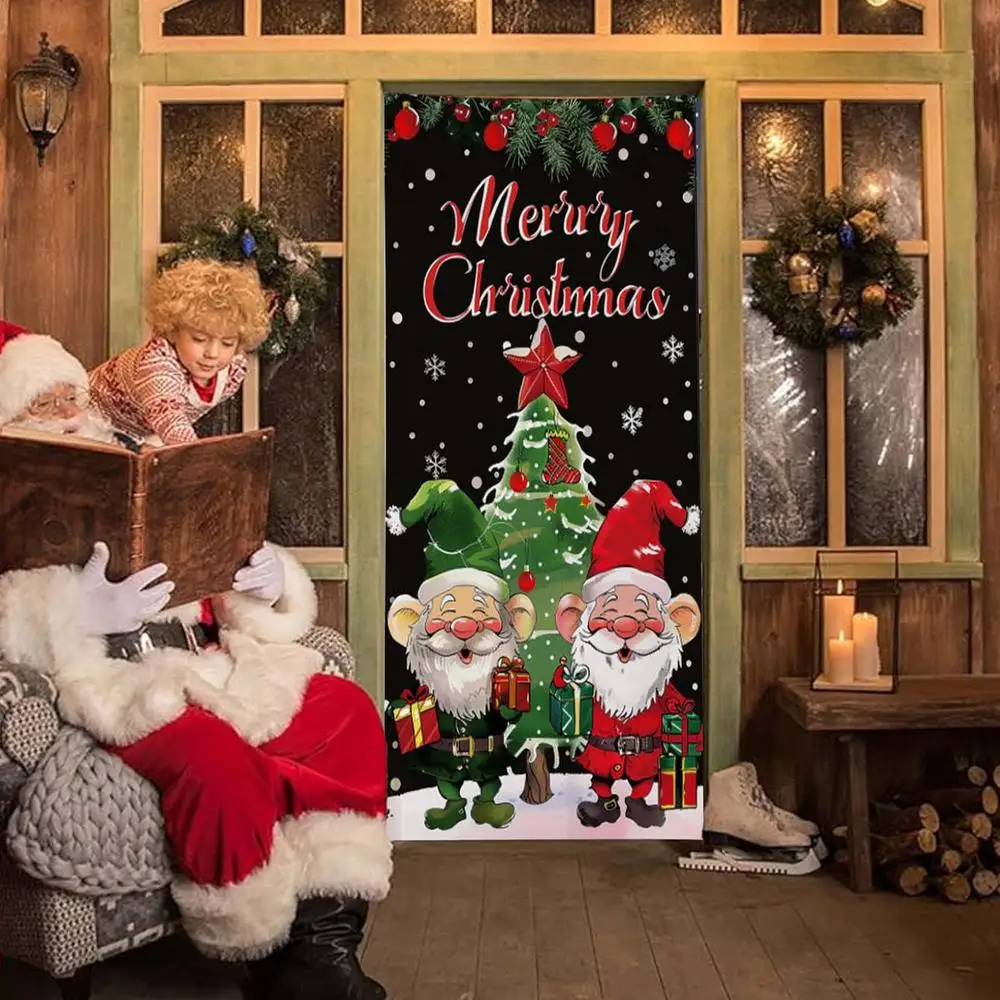 Merry Christmas Door Cover Photo Background Door Banner Christmas Door Hunging Banner Backdrop for Balcony Garden Boats Patio