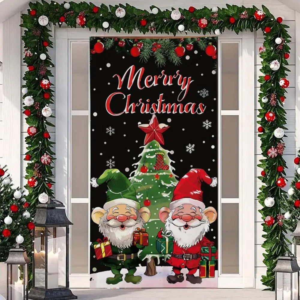 Merry Christmas Door Cover Photo Background Door Banner Christmas Door Hunging Banner Backdrop for Balcony Garden Boats Patio