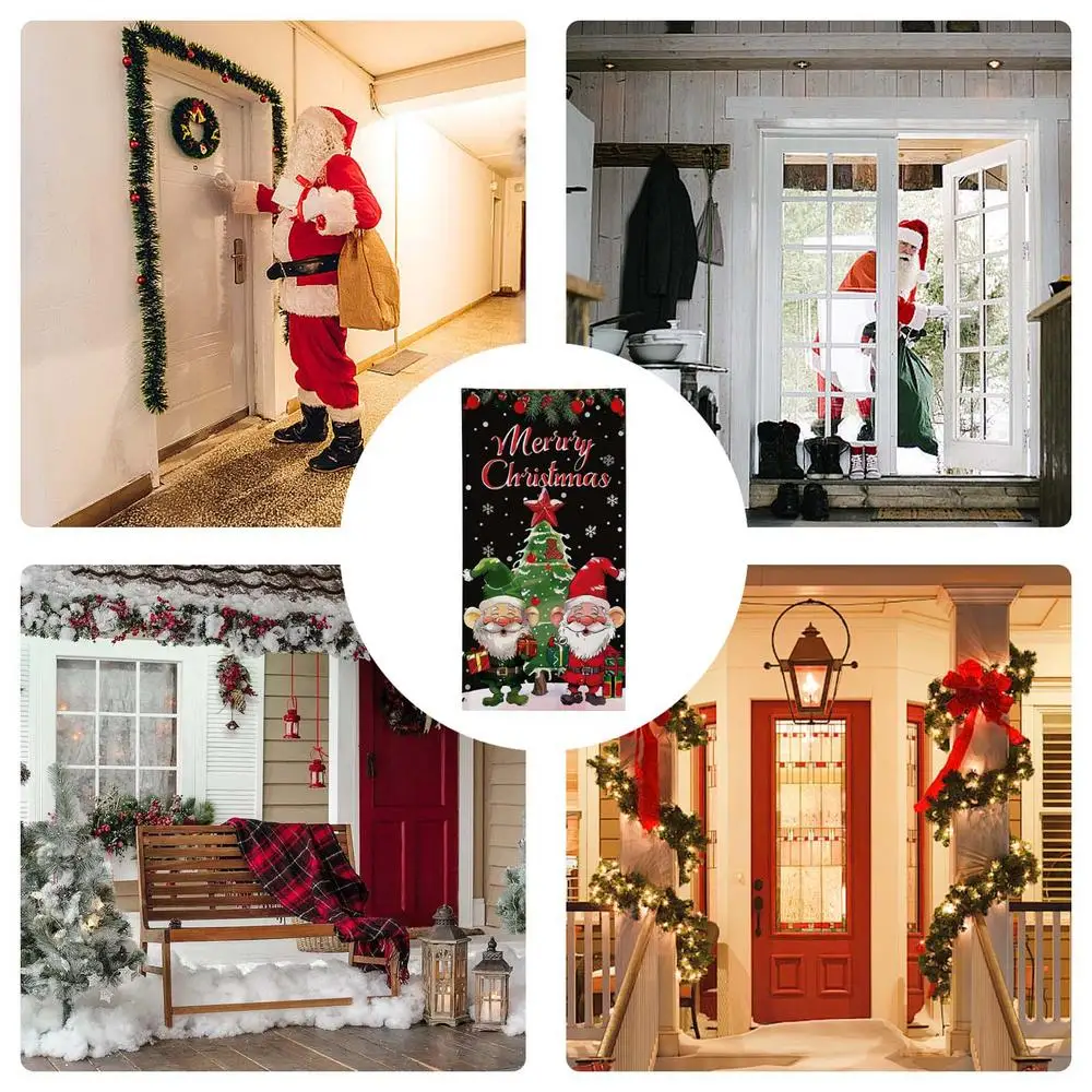 Merry Christmas Door Cover Photo Background Door Banner Christmas Door Hunging Banner Backdrop for Balcony Garden Boats Patio