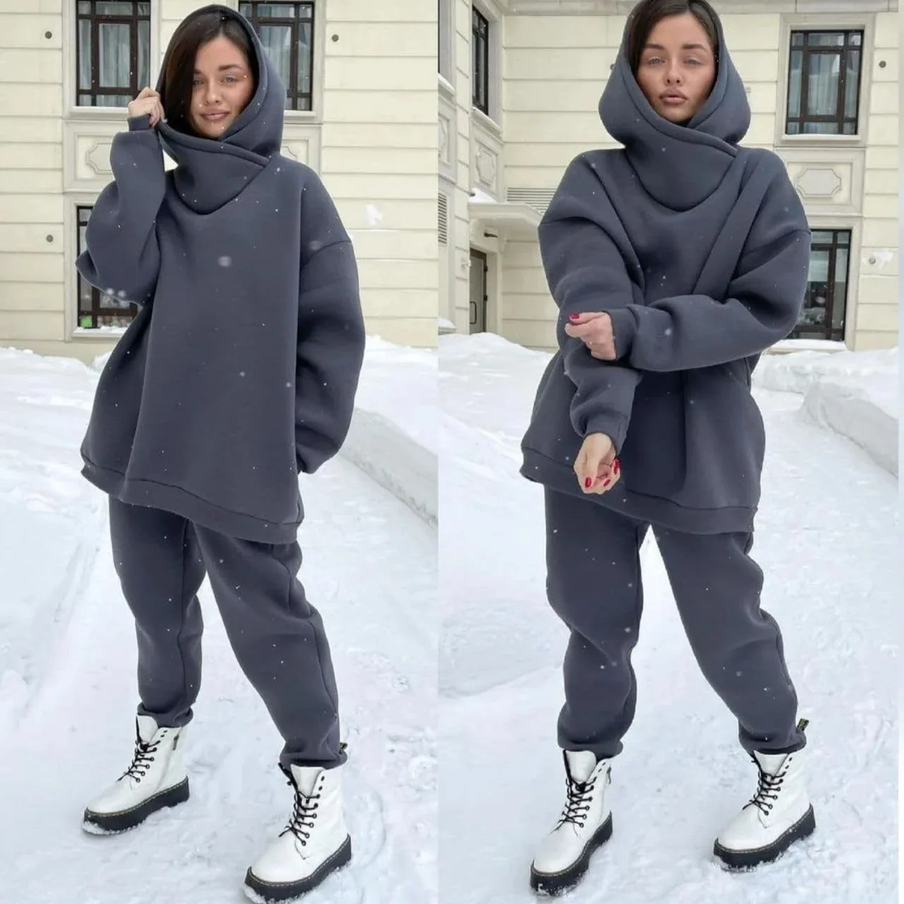 Winter Women's Tracksuit Two Piece Sets Solid Long Sleeve Hooded Running Sports Suit Warm Hoodie Sweatshirts Long Pant