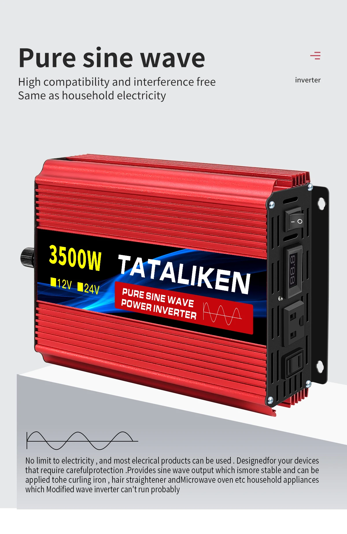 1600w-4500W 12V/24V to AC 110V 60Hz Pure Sine Wave Inverter Car Power Tranfermer Voltage Portable Converter with LED Display