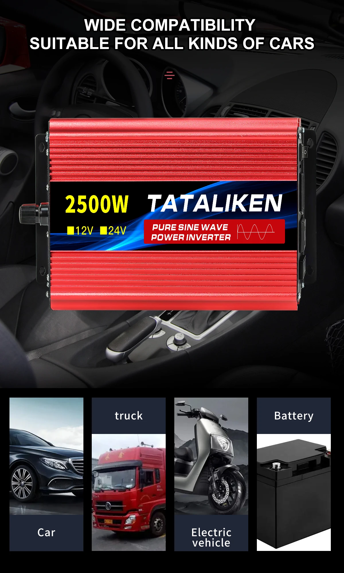 1600w-4500W 12V/24V to AC 110V 60Hz Pure Sine Wave Inverter Car Power Tranfermer Voltage Portable Converter with LED Display