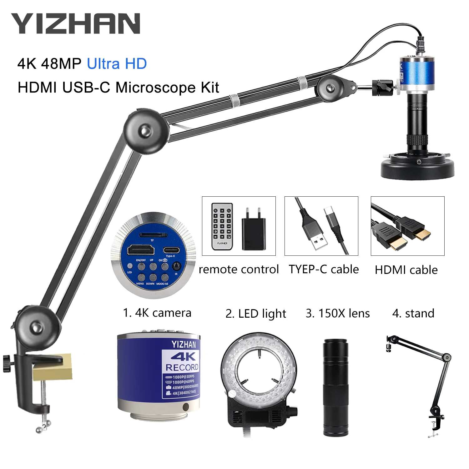 Yizhan 1080P 4K HD Industrial Microscope For Soldering Microscope 48MP HDMI VGA USB Digital Microscope Camera Updated Arm Stand