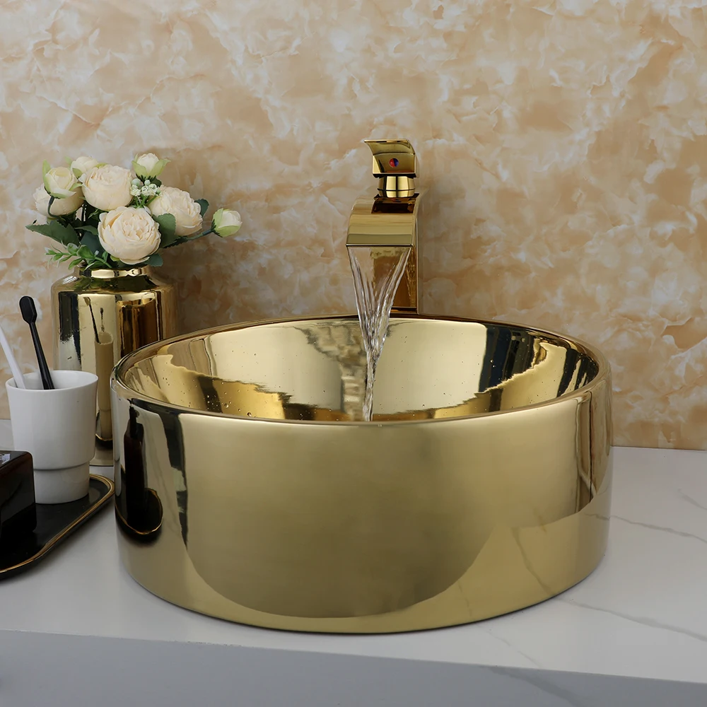 ZAPPO Luxury Large Gold Vessel Sink Ceramic Bathroom Sink Above Counter Washing Sink Faucet Combo with Faucets Drain Basin Sinks