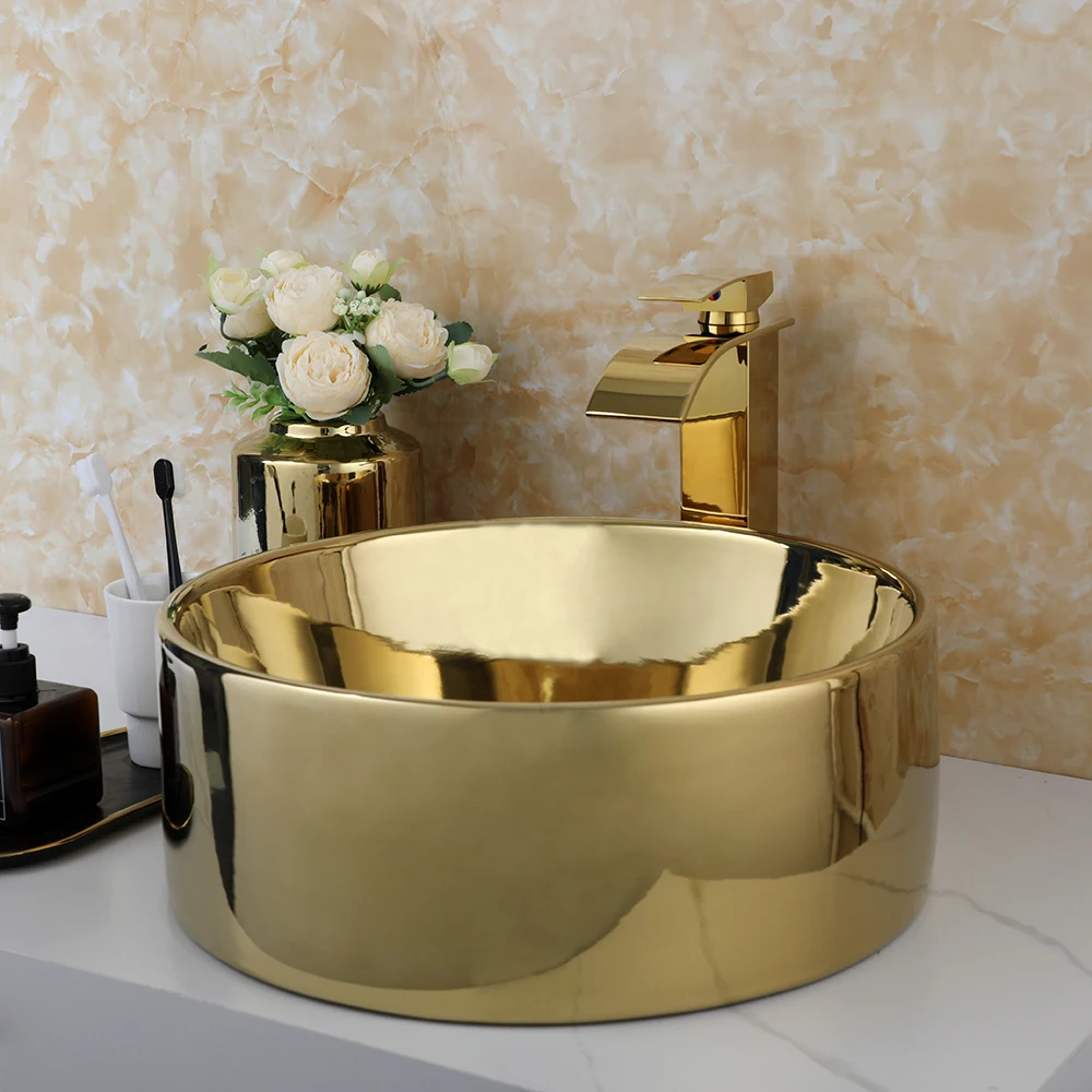 ZAPPO Luxury Large Gold Vessel Sink Ceramic Bathroom Sink Above Counter Washing Sink Faucet Combo with Faucets Drain Basin Sinks