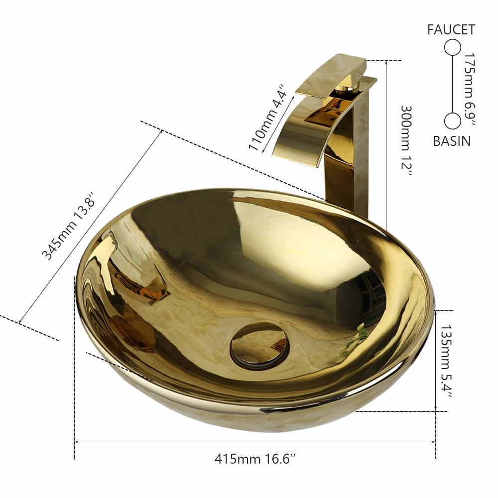 ZAPPO Luxury Large Gold Vessel Sink Ceramic Bathroom Sink Above Counter Washing Sink Faucet Combo with Faucets Drain Basin Sinks