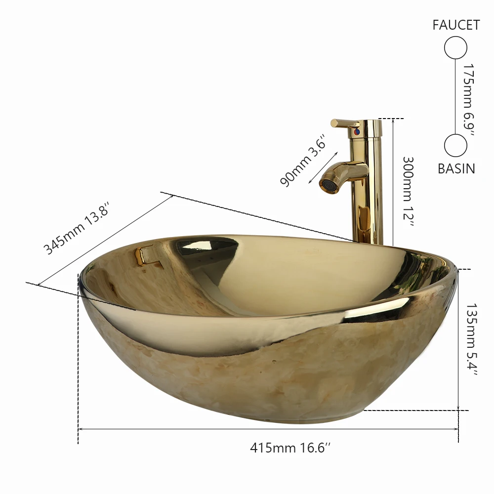 ZAPPO Luxury Large Gold Vessel Sink Ceramic Bathroom Sink Above Counter Washing Sink Faucet Combo with Faucets Drain Basin Sinks