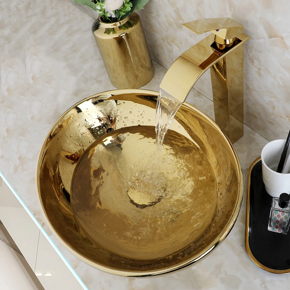 ZAPPO Luxury Large Gold Vessel Sink Ceramic Bathroom Sink Above Counter Washing Sink Faucet Combo with Faucets Drain Basin Sinks