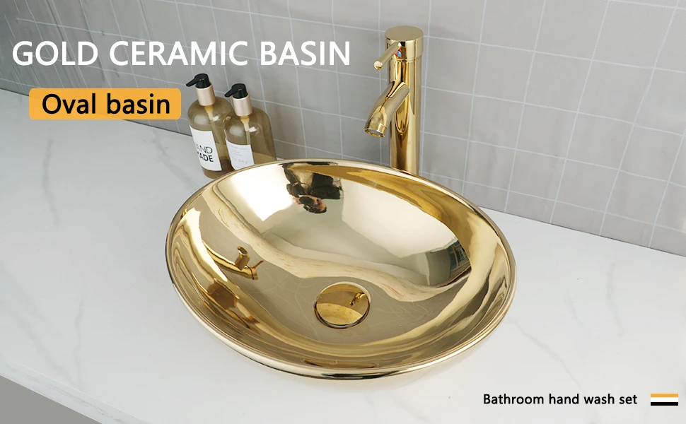 ZAPPO Luxury Large Gold Vessel Sink Ceramic Bathroom Sink Above Counter Washing Sink Faucet Combo with Faucets Drain Basin Sinks