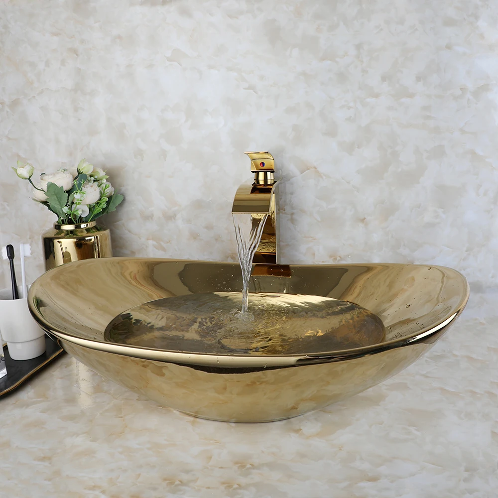 ZAPPO Luxury Large Gold Vessel Sink Ceramic Bathroom Sink Above Counter Washing Sink Faucet Combo with Faucets Drain Basin Sinks