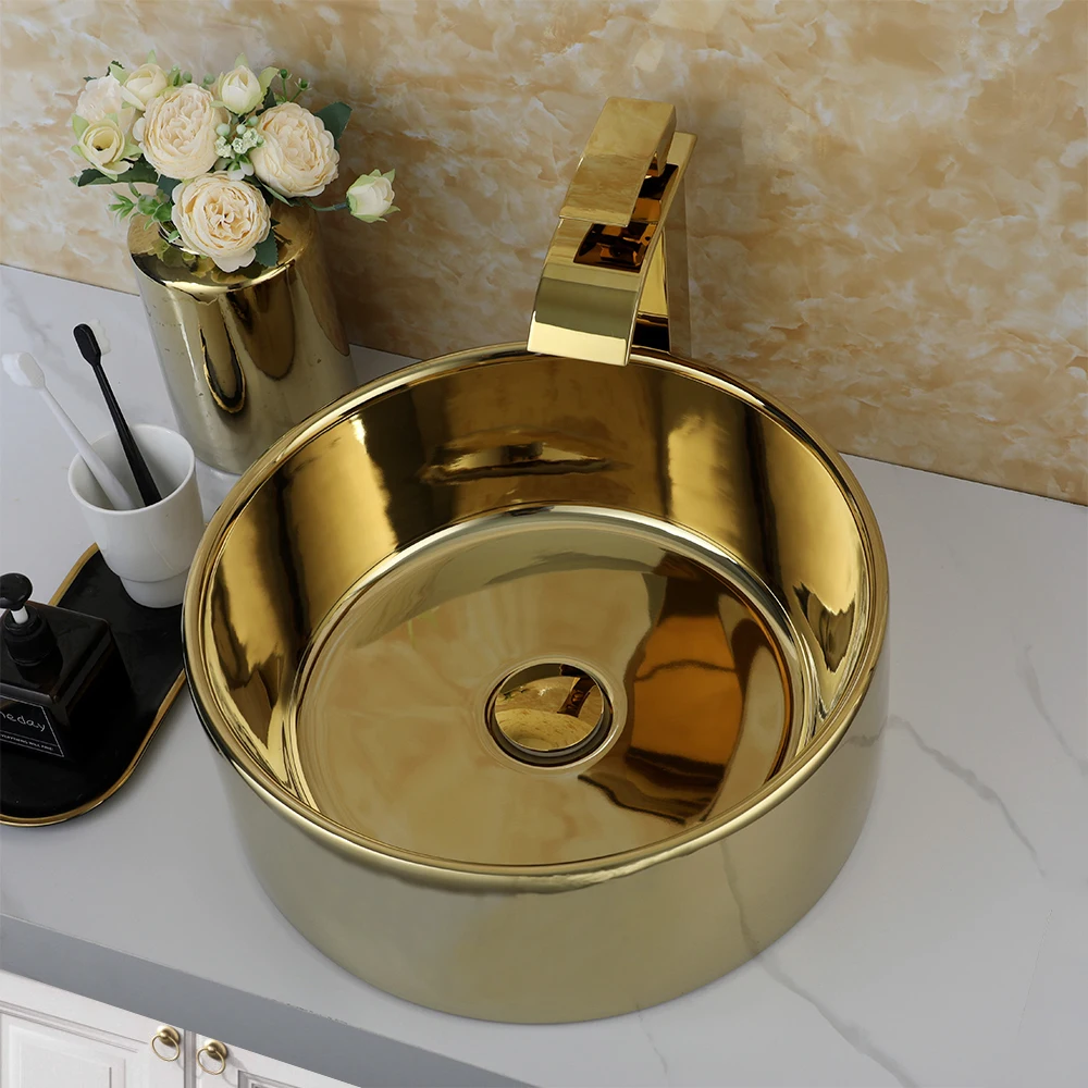 ZAPPO Luxury Large Gold Vessel Sink Ceramic Bathroom Sink Above Counter Washing Sink Faucet Combo with Faucets Drain Basin Sinks