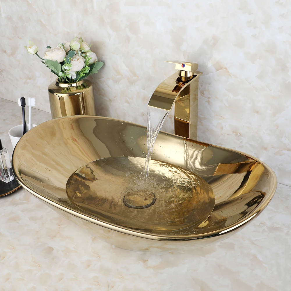 ZAPPO Luxury Large Gold Vessel Sink Ceramic Bathroom Sink Above Counter Washing Sink Faucet Combo with Faucets Drain Basin Sinks