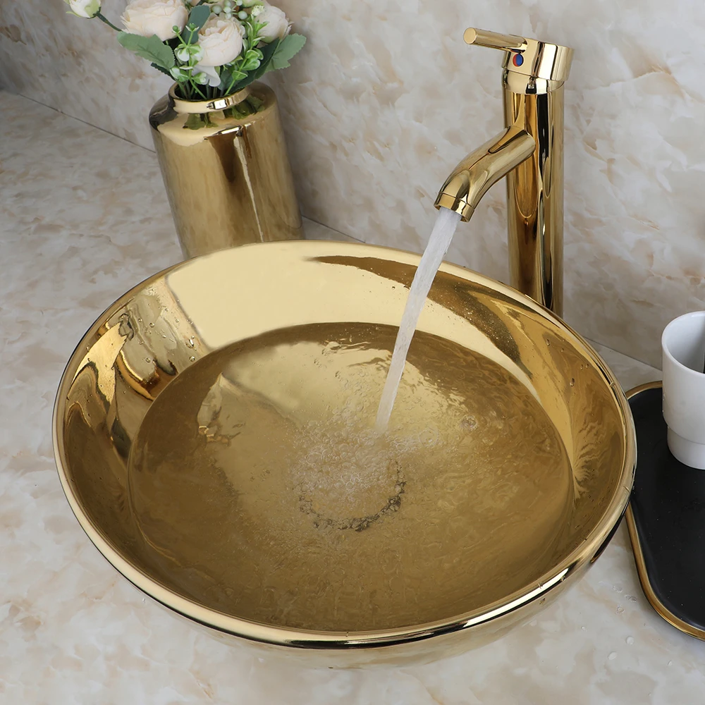 ZAPPO Luxury Large Gold Vessel Sink Ceramic Bathroom Sink Above Counter Washing Sink Faucet Combo with Faucets Drain Basin Sinks