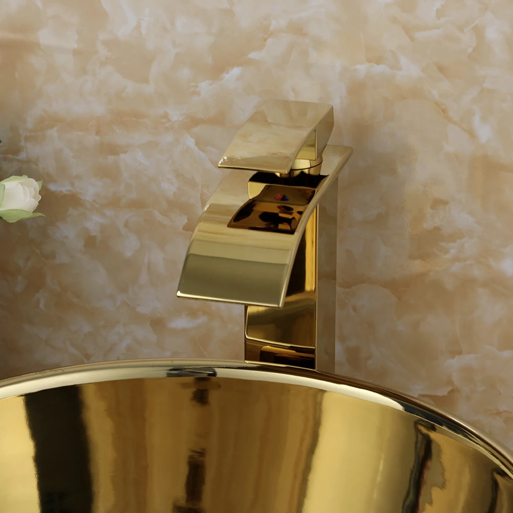 ZAPPO Luxury Large Gold Vessel Sink Ceramic Bathroom Sink Above Counter Washing Sink Faucet Combo with Faucets Drain Basin Sinks