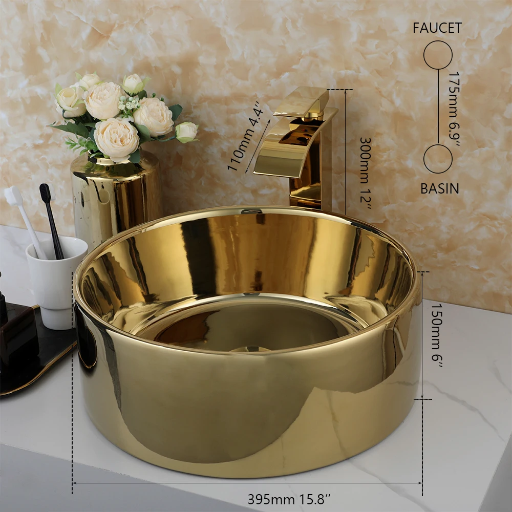 ZAPPO Luxury Large Gold Vessel Sink Ceramic Bathroom Sink Above Counter Washing Sink Faucet Combo with Faucets Drain Basin Sinks